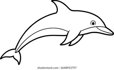 Line art illustration of a leaping dolphin with a friendly smile against a white background