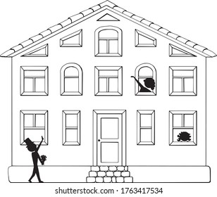 line art illustration little old house