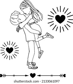 Line art illustration of love couple hugging each other, Outline sketch of young girl and boy in love