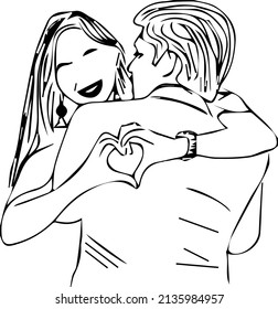Line art illustration of love couple hugging each other, Outline sketch drawing of indian love couple