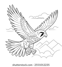  A line art illustration of a majestic falcon perched on a branch in its nature 