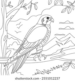  A line art illustration of a majestic falcon perched on a branch in its nature 