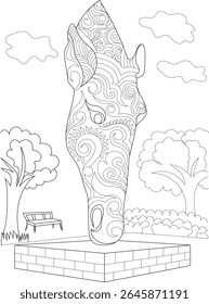Line art illustration of a majestic horse head sculpture with intricate patterns, set in a tranquil park scene.