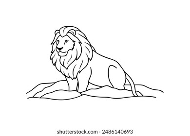 A line art illustration of a majestic lion sitting on a rock is perfect for a children's coloring book 