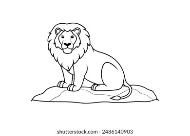 A line art illustration of a majestic lion sitting on a rock is perfect for a children's coloring book 