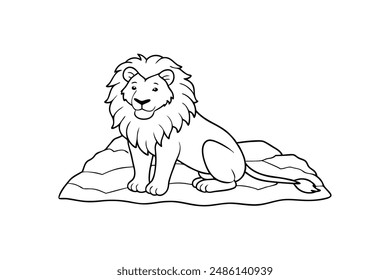 A line art illustration of a majestic lion sitting on a rock is perfect for a children's coloring book 