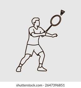 Line art illustration of a male badminton player hitting a shuttlecock with a racket