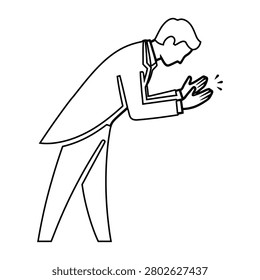 Line art illustration of a man bowing respectfully demonstrating deference or apology isolated on white
