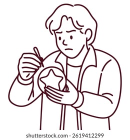 Line art illustration of Man checking cracked Dalgona candy with regret and shock after failing to complete the sugar cookie challenge