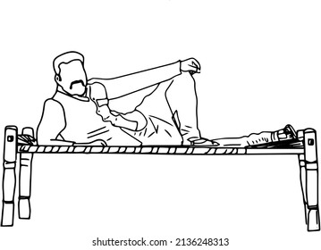 Line art illustration of man laying down on indian desi "Khat" Indian Bed, Outline sketch of indian man