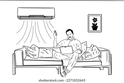 line art illustration of man laying down on couch and holding laptop and remote in hand to start air conditioner, Sofa Under Air Conditioner sketch drawing, turning on ac with remote 