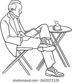 ilustração de arte em linha de um homem relaxando em um café, envolvido na leitura de um jornal ou livro enquanto desfruta de uma xícara de café. Esta imagem capta momentos de lazer, contemplação e estilo de vida urbano. 