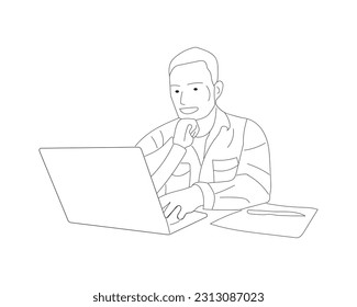  Line Art illustration, A man sat in front of a computer and did his work