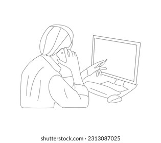  Line Art illustration, A man sat in front of a computer and did his work