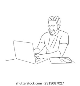  Line Art illustration, A man sat in front of a computer and did his work