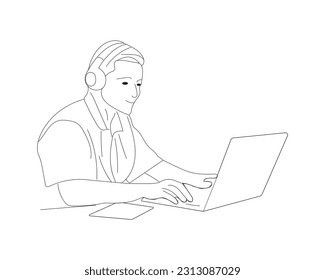  Line Art illustration, A man sat in front of a computer and did his work