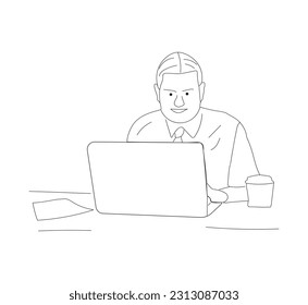  Line Art illustration, A man sat in front of a computer and did his work