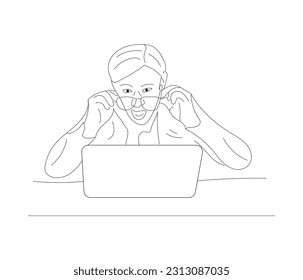  Line Art illustration, A man sat in front of a computer and did his work