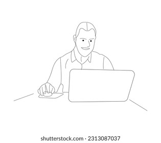  Line Art illustration, A man sat in front of a computer and did his work