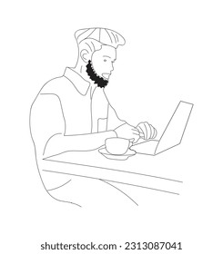  Line Art illustration, A man sat in front of a computer and did his work