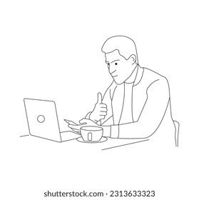 Line Art illustration, A man sat in front of a computer and did his work