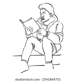 A line art illustration of a man sitting relaxed while reading a book, created with clean, minimal strokes and no color. The drawing captures a calm, peaceful moment while reading