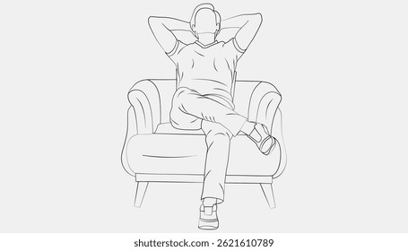 Line art illustration of a man sitting relaxed on an armchair with legs crossed and hands behind his head. Ideal for concepts like relaxation, comfort, and lifestyle with white Background.