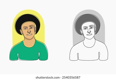 Line art illustration of a man wearing a hat and smiling