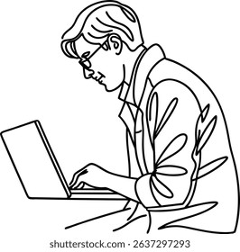 Line art illustration of a man wearing glasses using laptop computer for work