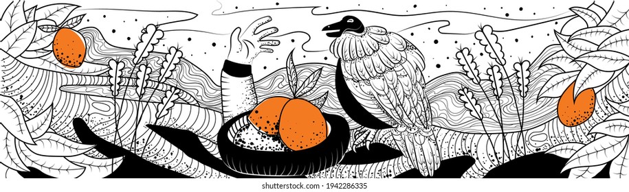 Line art illustration of a mango. The bird sits on the tree and guards the mango in the nest. A man steals fruit from a bird. Mango drink label