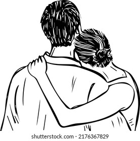 Line art illustration of married couple back side view hugging each other, silhouette of man and woman watching something back side view