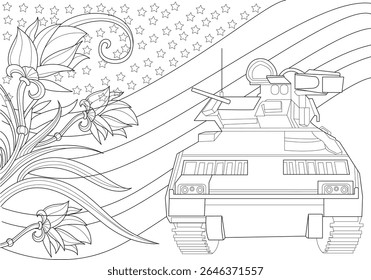 Line art illustration for Memorial Day. Military vehicle, American flag stars, and flowers. Patriotism and honor concept.