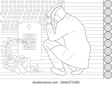 Line art illustration for Memorial Day or Veterans Day, featuring a soldier in uniform kneeling in sorrow at a grave, with an American flag and roses, symbolizing tribute, loss, and sacrifice.