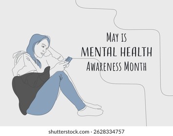 Line art illustration for Mental Health Awareness Month. Minimal vector design. Concept for May awareness campaign, mental health care, and therapy.