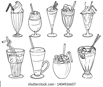 Line Art. Illustration For Menu, Flyers, Cafe, Restaurants, Catering. Milkshake, Coffee With Whipped Cream, Smoothies, Coffee Glasse , Granite, Juice With Ice, Latte, Cocoa 