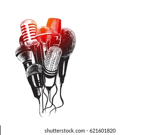 Line art illustration of microphones and recorders for journalism symbol.