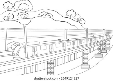 Ilustração de arte de linha de um moderno trem de metrô elevado viajando em um viaduto, com colinas e árvores no fundo. Ideal para livros infantis, páginas para colorir ou conceitos de transporte.