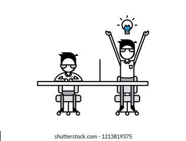 Line art illustration of modern office working space with two staff on their chair and desk sit stand spark idea