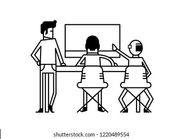 Line art illustration of modern office working space with employee staff worker discussing superior boss pointing on the screen