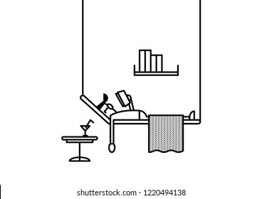 Line art illustration of modern office working space with employee staff worker laying down and chill while reading in holiday mood