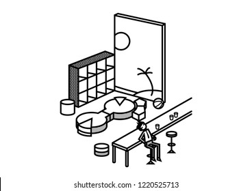 Line art illustration of modern office working space with employee staff worker chilling at relaxing rest area space