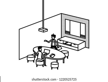 Line art illustration of modern office working space with employee staff worker discussing project and work at meeting room