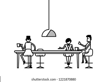 Line art illustration of modern office working space with employee staff worker having tea time at pantry area