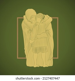 Line art illustration of moslem women hugging a child