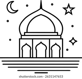 Line Art Illustration of Mosque at Night with Crescent Moon and Stars Ramadan Theme
