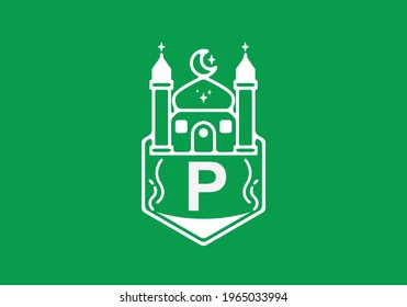 Line art illustration of mosque with P initial letter design