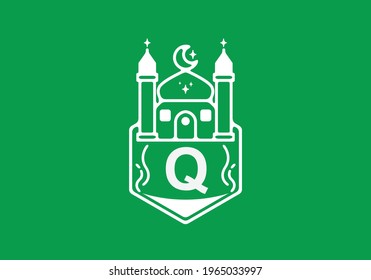 Line art illustration of mosque with Q initial letter design