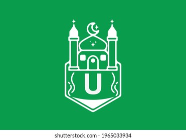 Line art illustration of mosque with U initial letter design