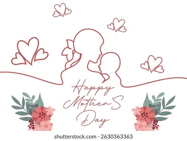 Line art illustration of Mother and Child with Flower decoration for Happy Mother's Day