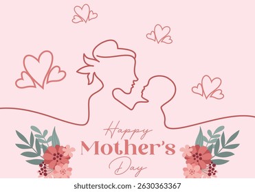 Line art illustration of Mother and Child with Flower decoration and pink background for Happy Mother's Day